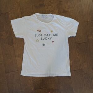 Wildfox Short Sleeve Pullover Just Call Me Lucky Shirt White Womens Size XS